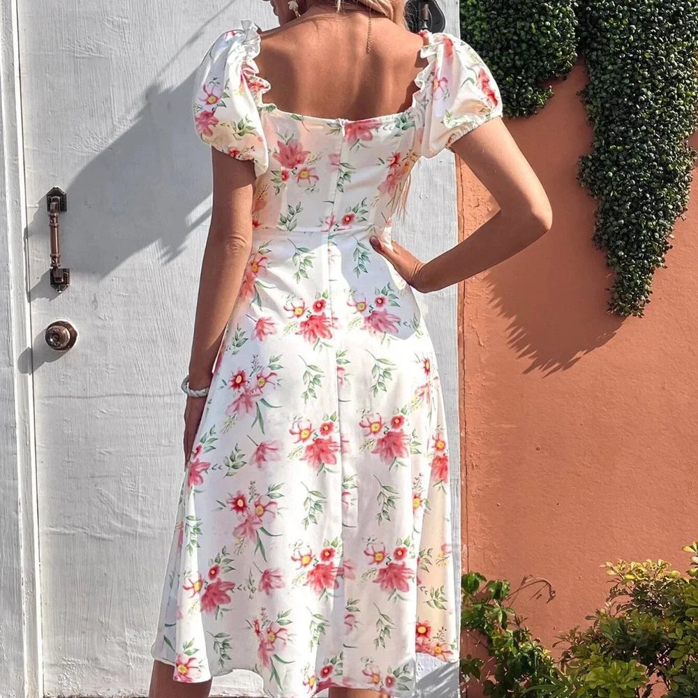 Boho Floral Print Puff Sleeve Knot Front Split Thigh Dress - Picture 3 of 5